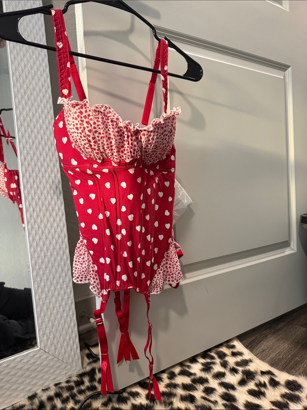 Nordstrom Red Heart-Print Bustier Teddy with Ruffle Trim